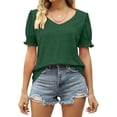 thumbnail image 2 of Bienvenido Mujeres Fruncido Puff Manga Top Cuello En V Color Puro Ajuste Suelto Casual Verano Jersey Camisa Verde XL, 2 of 6