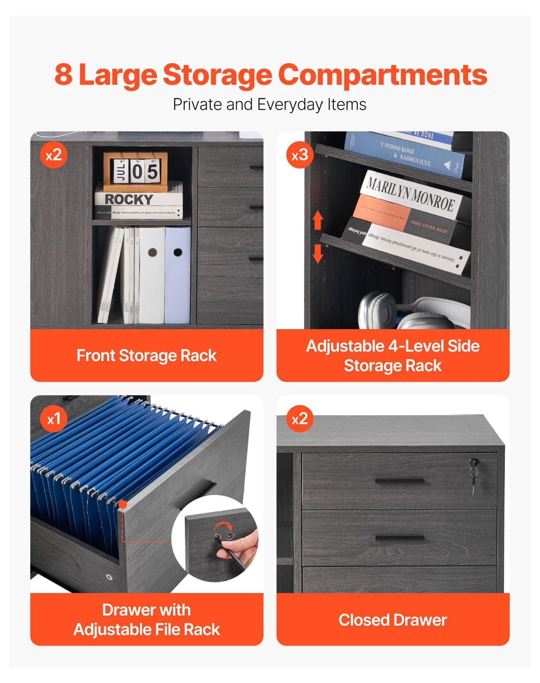 3 Drawer File Cabinet Mobile, Wooden Filing Cabinet with Power Strip - Gray Office Storage
