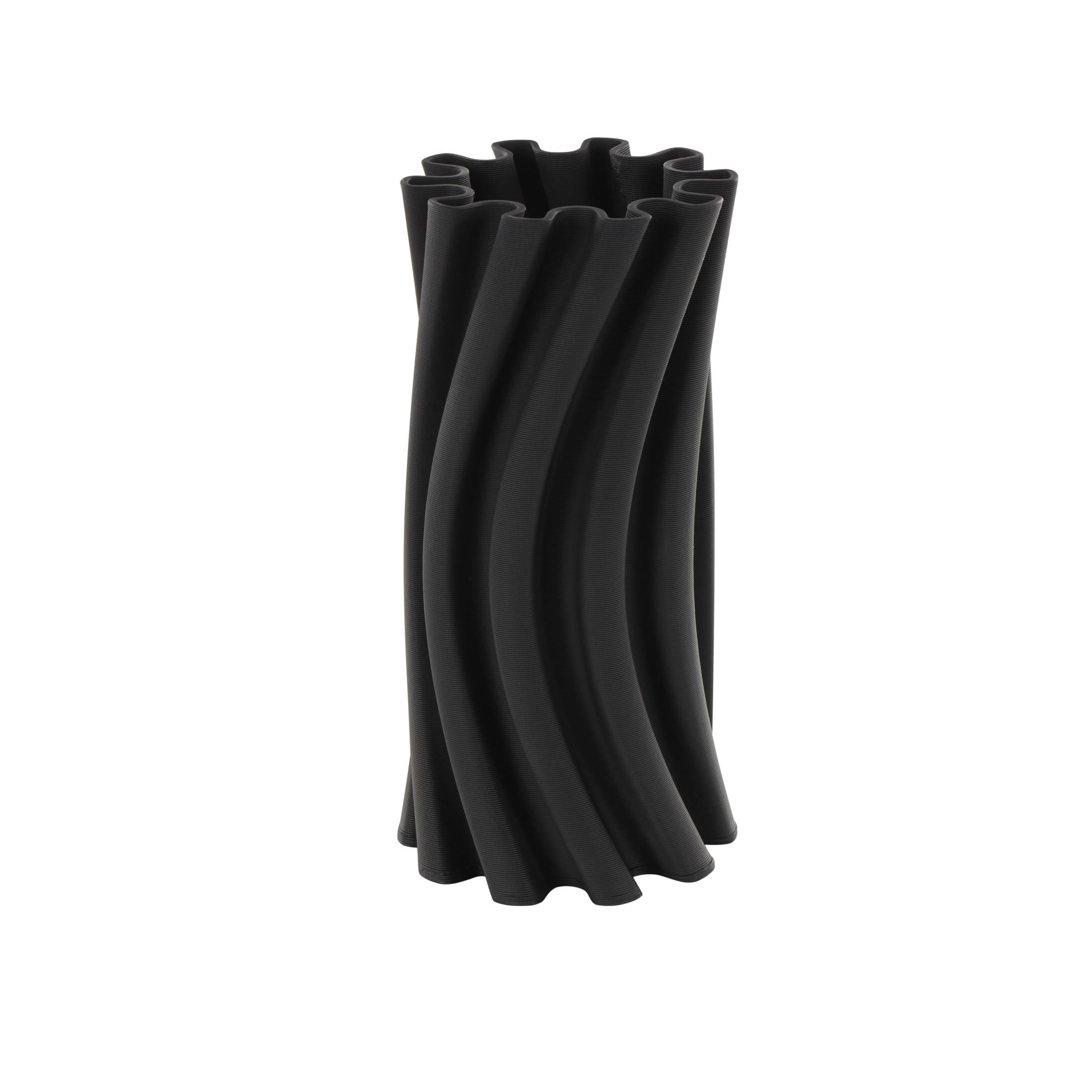 DecMode 11" Abstract Curvy Ribbed Black Ceramic Vase with Floral Shaped Rim