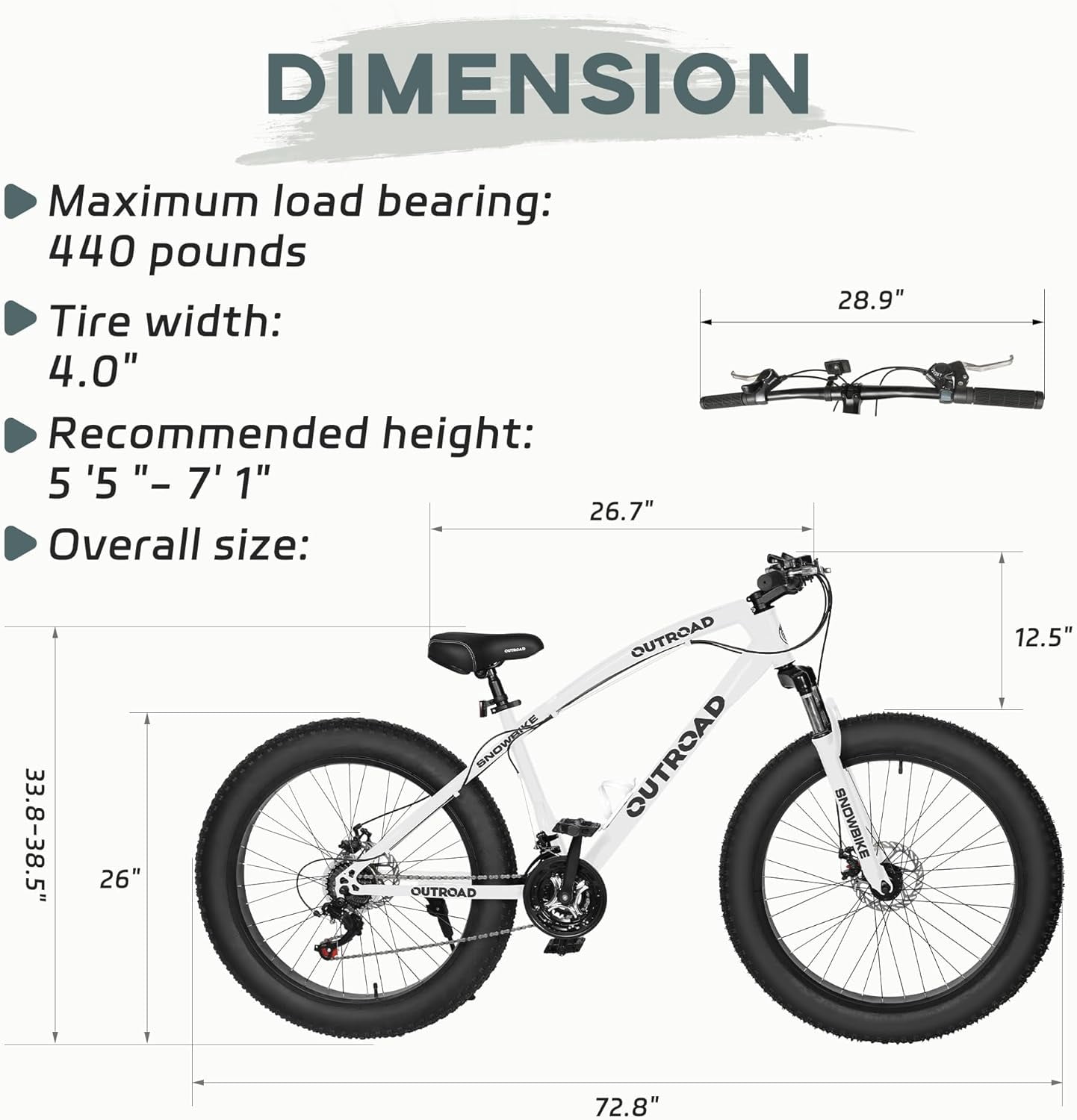 Marknig Fat Tire Mountain Bike with 26 inch Wheels, 21 Speed Bicycle with High Carbon Steel Frame, Double Disc Brake and Front Suspension Anti-Slip for Adult,White