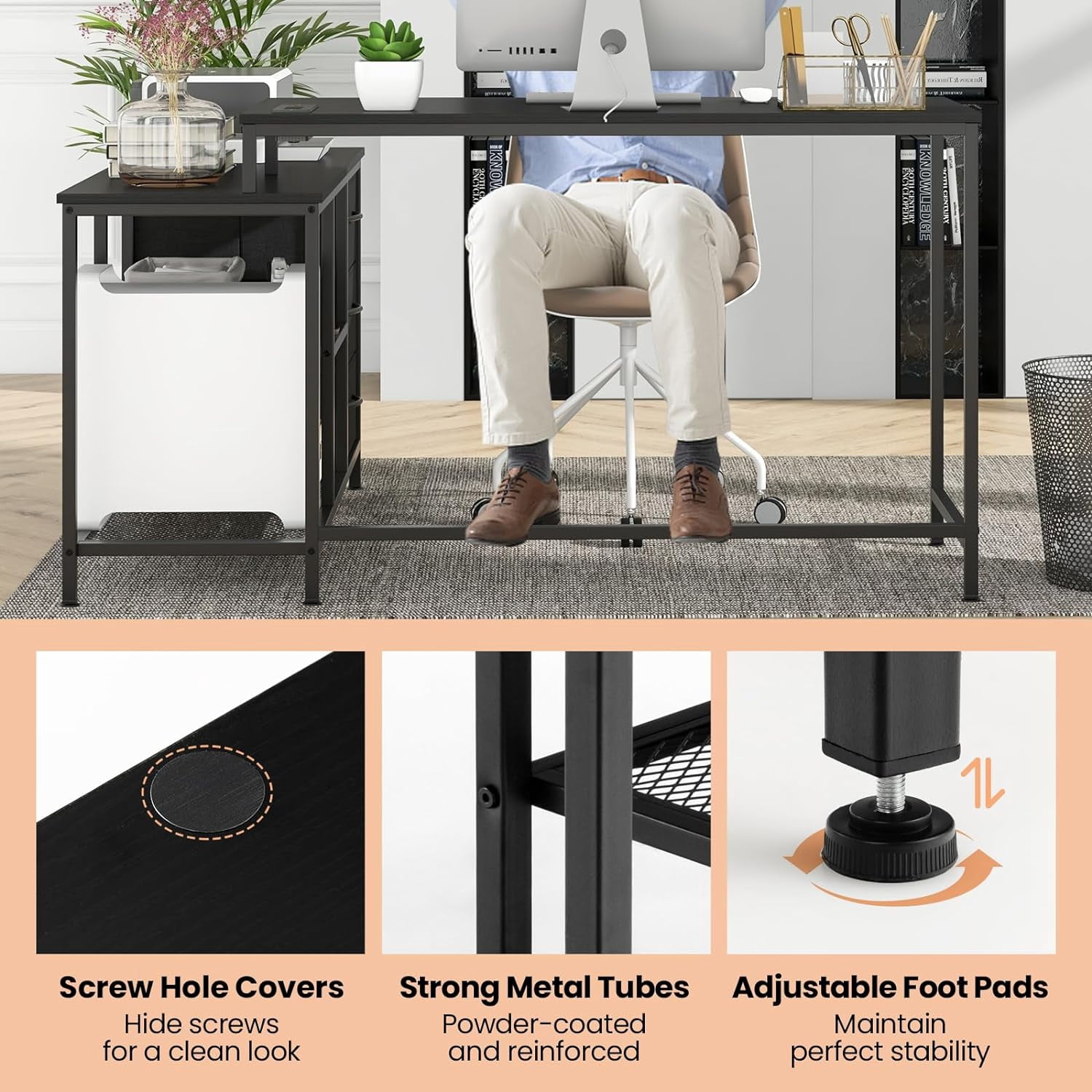 HJTER L Shaped Computer Desk with Drawers, 81" Convertible Corner Desk with Charging Station and Storage Shelves, Study Writing Desk, Modern Long Corner Gaming Table for Home Office (Black)