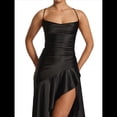 thumbnail image 1 of Vestido de Cóctel para Mujer, Ajustado, Informal, , con Escote en V, Sin Mangas, de Satén, con Volantes en el Bajo y Espalda Descubierta. Negro L, 1 of 10