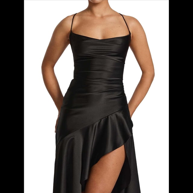 Vestido de Cóctel para Mujer, Ajustado, Informal, , con Escote en V, Sin Mangas, de Satén, con Volantes en el Bajo y Espalda Descubierta. Negro L