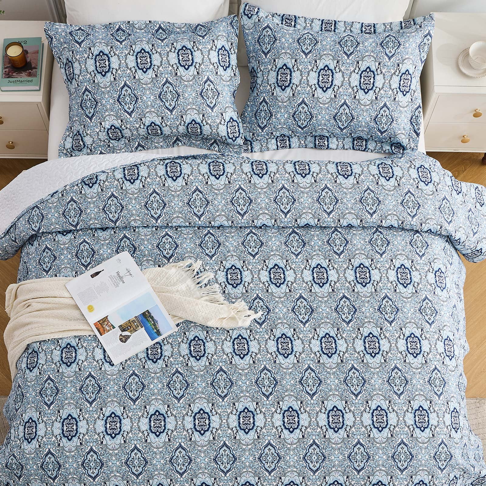 Hitime Luxury Printed Quilt Set King Size, Lightweight Comforter Set, Oversized Bedspread Coverlet Quilted Bedding Set, with 2 Matching Pillowcases, for All Season