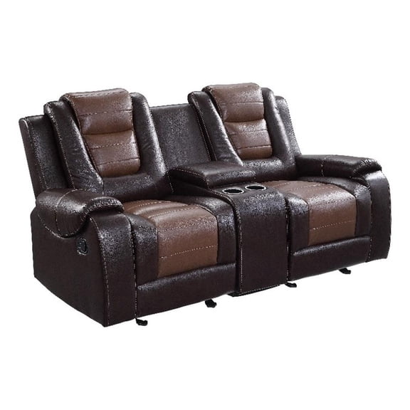 Istro 76 Inch Dual Manual Recliner Loveseat- Console- Brown Faux Leather