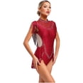 thumbnail image 4 of Linjinx Women Sequin Rhinestones Tassel Leotard Latin Dance Bodysuit Lyrical Dance Wear Burgundy M, 4 of 6