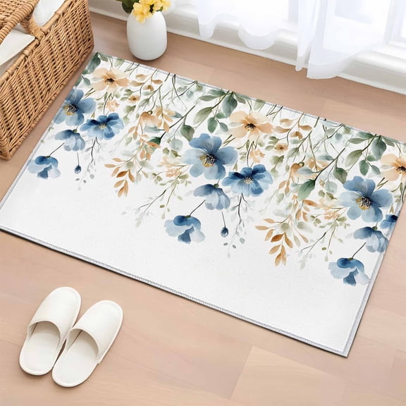 Rectangle Rug 2x3ft Area Rug,Watercolor Blue Flower Green Leaves Area Rugs for Living Room Bedroom,Wildflower Plant on White Floor Mat Non-Slip Non-Shedding Carpet Indoor Accent Rugs