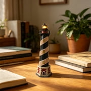 Hosley 8 Inch Tall Coastal Beach Themed Tabletop Resin Lighthouse Blinking Tower Light