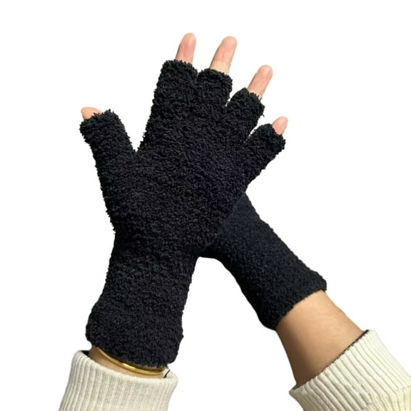 harmtty Winter Gloves Unisex Half-finger Thermal Gloves Soft Fleece Elastic Wrist Anti-slip Windproof Extended Wrist Ideal for Winter Weather Writing Typing 1 Black