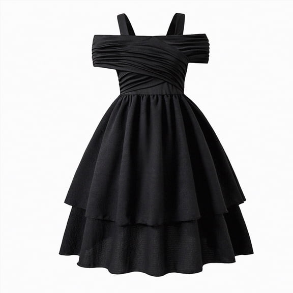 HCNTES Girls' Wrap Tiered Dress Off Shoulder Cotton Ruched Layer Flared Dress Birthday Graduation Party Dresses