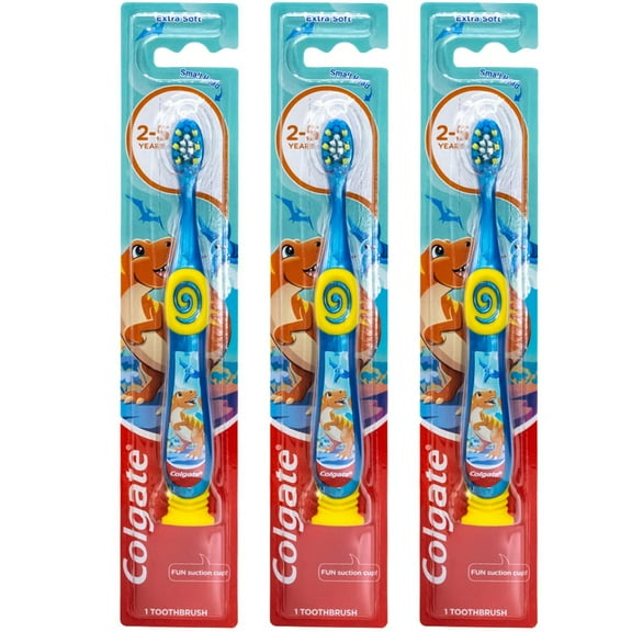 Colgate Dinosaur Toothbrush for Children with Suction Cup, Kids 2-5 Years Old, Extra Soft - Pack of 3