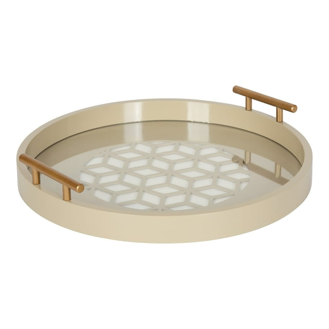 Kate and Laurel Caspen Plateau Décoratif Rond Moderne, Diamètre 15,5 Pouces, Brun Clair Sable et Or, Plateau de Table Basse Rond avec Poignées Dorées
