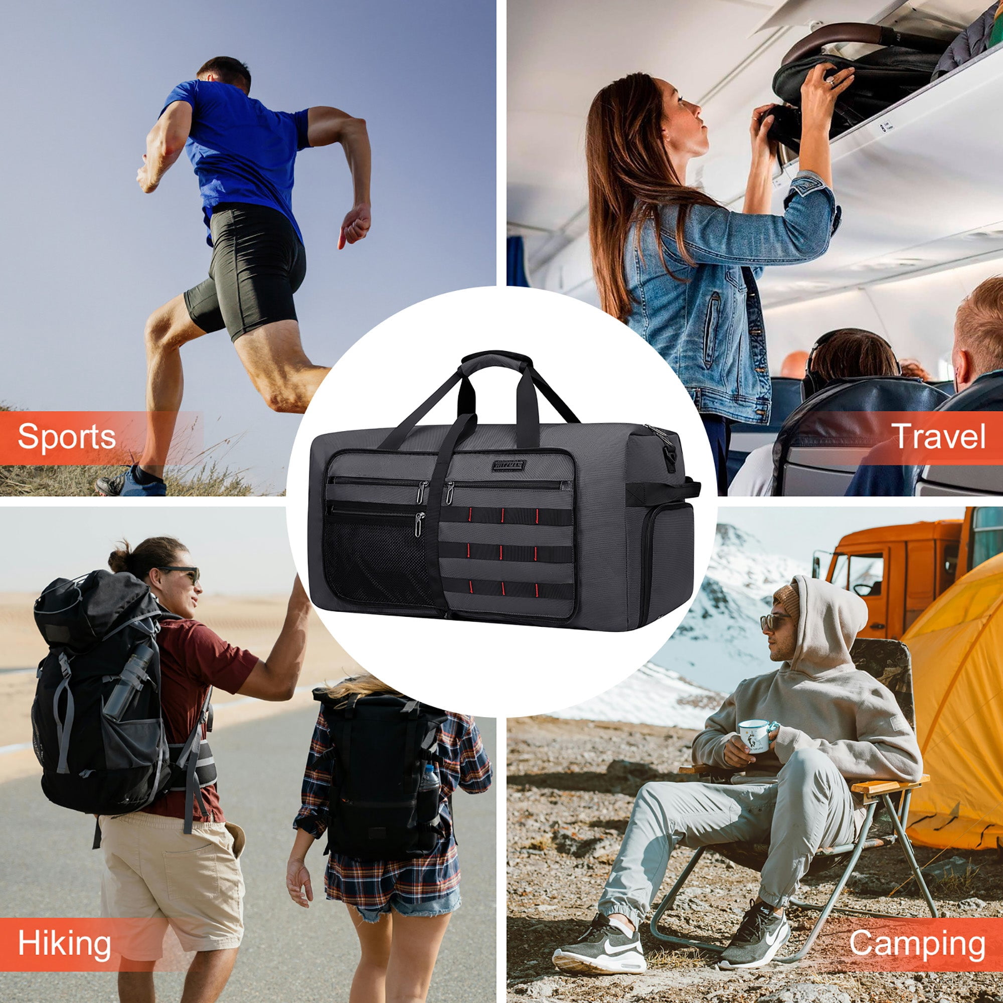 WITZMAN Foldable Duffle Bag for Travel 65L Lightweight Packable Duffel Bag with Shoes Compartment Overnight Bag for Men Women (B697 Silvery Grey)