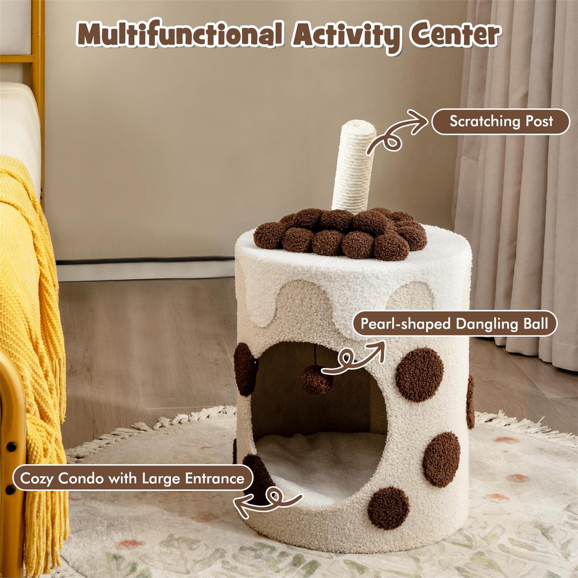Kadyn 27" Cat House for Indoor Cats with Scratching Post, Cat Cave Bed, Cat Condo Modern Cat Nest Cute Cat Shelter, Coffee and Beige