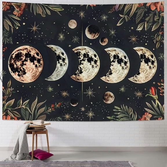 PRATYUS Moonlit Garden Tapestry, Moon Phase Tapestries Flower Vine Tapestry Black Background Floral Tapestry Wall Hanging for Room(Multi Size) Painting
