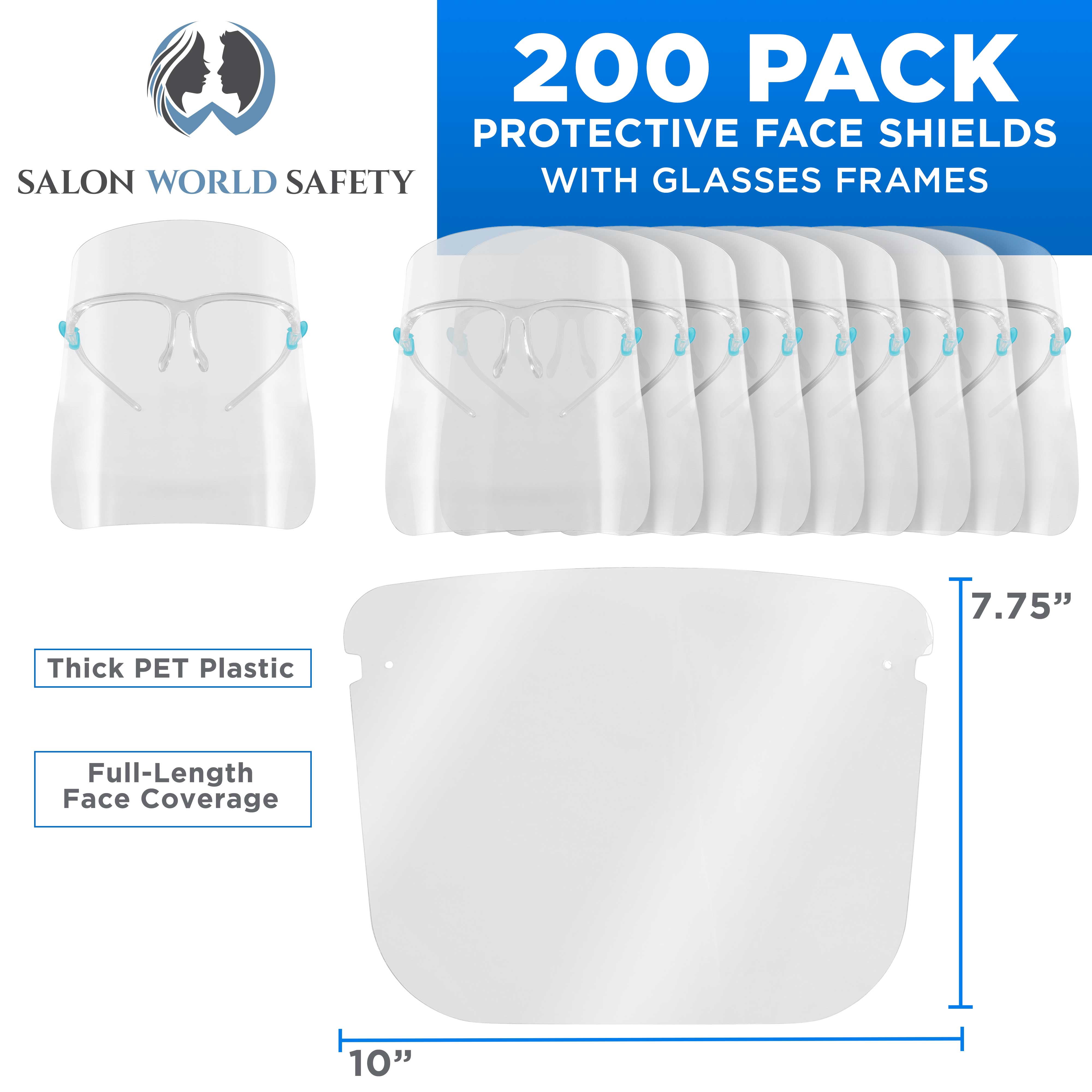 200 Safety Face Shields with Glasses Frames (20 Packs of 10) - Ultra Clear Protective Full Face Shields to Protect Eyes, Nose, Mouth - Anti-Fog PET Plastic, Goggles, Sanitary Droplet Guard