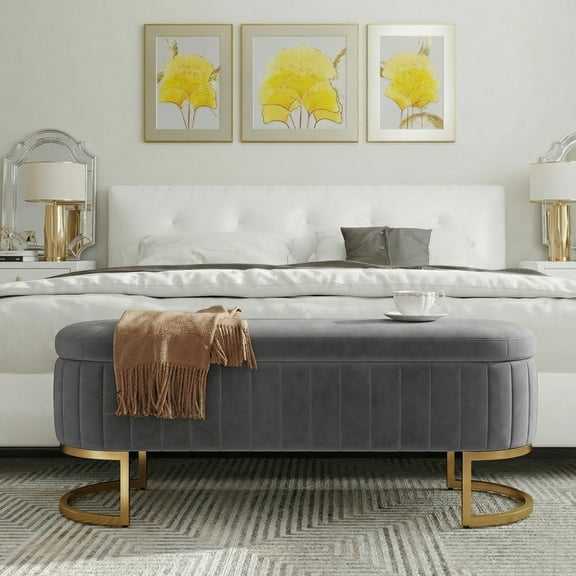 65" Storage Bench with Gold Legs,Velvet End of Bed Bench for Living Room, Window, Entryway