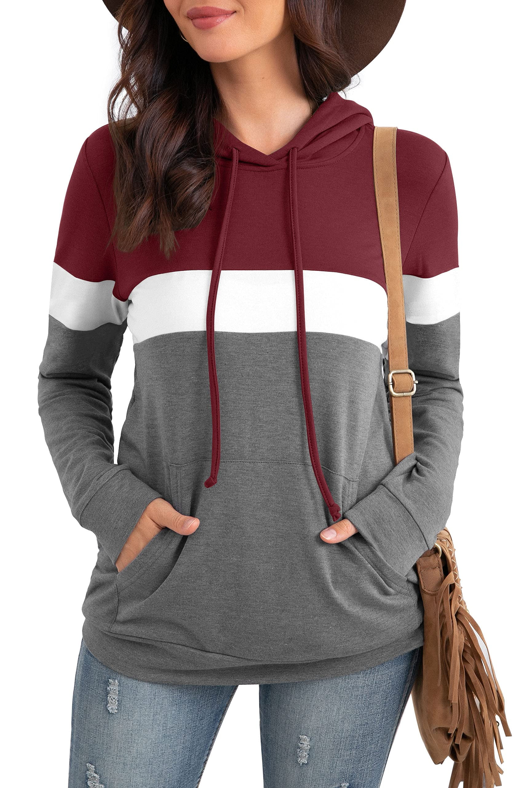 Women Plus Size Hoodies Sweatshirts Color Block Tops with Pockets XL