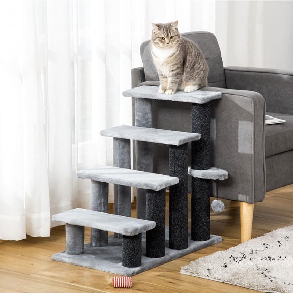 2-in-1 Cat Stairs Tower with Scratching Posts and Hanging Toy Ball, 4-Step Pet Climbing Ladder for Bed Sofa, Light Gray