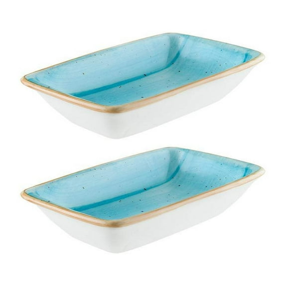 Aqua 6" x 3.75" x h:1.25" 6 oz. Rectangular Blue Porcelain Deep Plate (Set of 2)