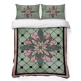 thumbnail image 2 of Spring Abstract Floral Twin Size Quilt Set Lightweight Bedspread Coverlet Set, Green Pink Geometric Flowers Grid Border Quilted Bedding Cover with 2 Pillow Shams for All Season Layering 68"x86", 2 of 9
