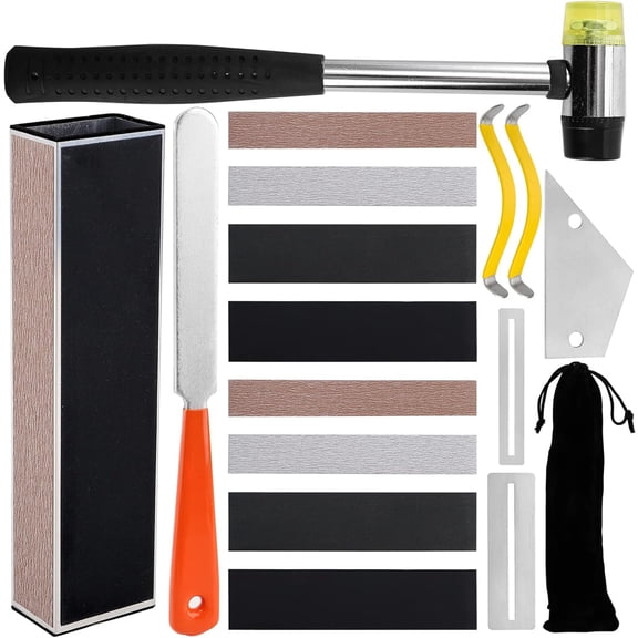 Guitar Luthier Tool Set, 17 Pcs, Fret Rubber Hammer, Crowning File, Leveling Beam for Guitar Bass