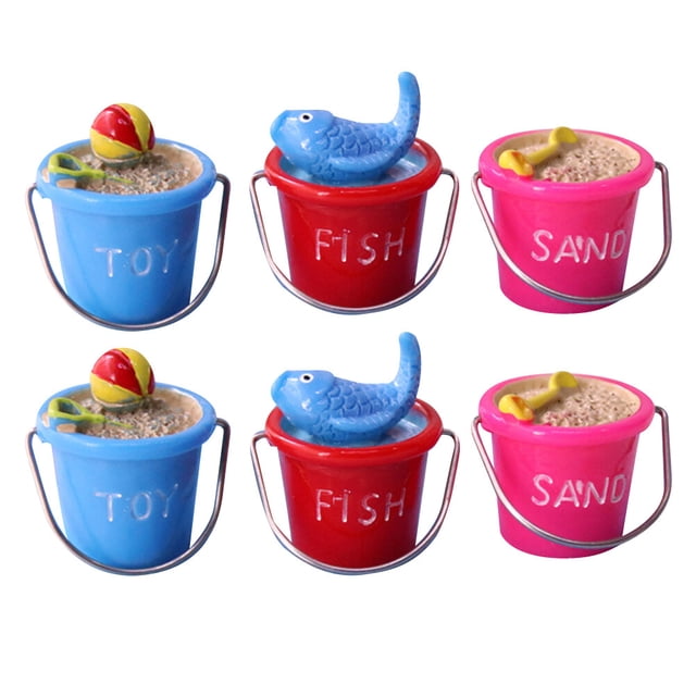 CIMAXIC 6Pcs Adorable Mini Beach Bucket Garden Miniatures Figurine Micro Landscape Decoration DIY Ornament for Succulent Flowerpot Sand Table Model (Red Blue Rosy),0.91"X0.91"X0.79"