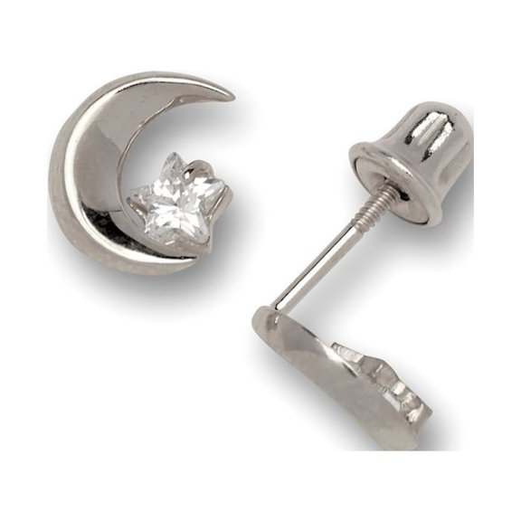Solid 14k Gold Cubic Zirconia Celestial Moon Star CZ Screw Back Stud Earrings (5mm X 5mm) White Gold-Stud Earring for Wo