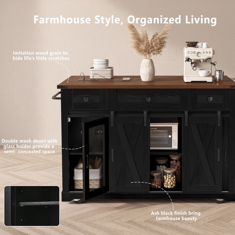 58"W Kitchen Island Cabinet with Sliding Barn Doors & Charge Station, Kitchen Storage Cart with Spice Rack, Glass Holders & Drop Leaf