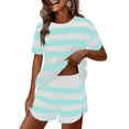thumbnail image 2 of BiZtdJrK Mint Green Casual Pajama Sets for Women Striped Crew Neck Short Sleeve Tops Side Split Pj Shorts 2 Piece Set Fashion Summer Outfits S, 2 of 10