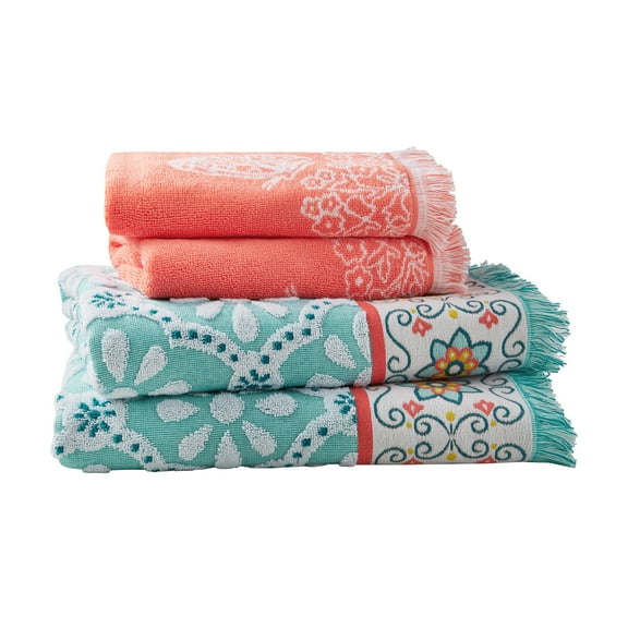 The Pioneer Woman 4-Piece Bath Towel Set, Sculpted Trellis, Classic Mint