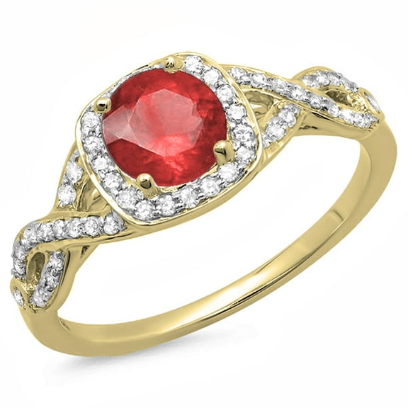 Dazzlingrock Collection 14K Ruby & White Diamond Swirl Split Shank Halo Engagement Ring, Yellow Gold, Size 10