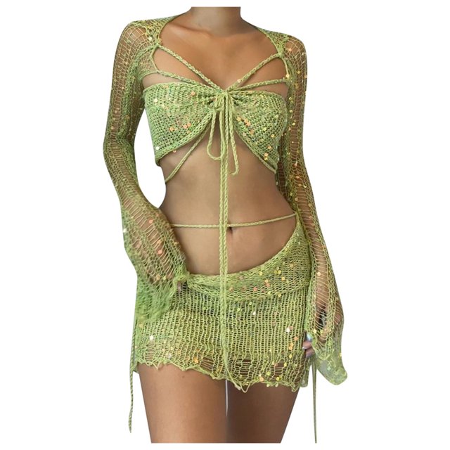 Ensemble Mode Femme Haut Court en Tricot à Manches Longues Jupe 3 Pcs Col Roulé Chandail Côtelé