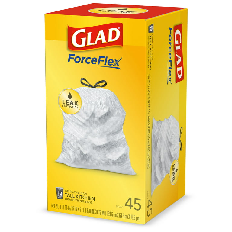 Glad Tall Kitchen Trash Bags, 13 Gallon, 45 Bags (ForceFlex, Unscented) 