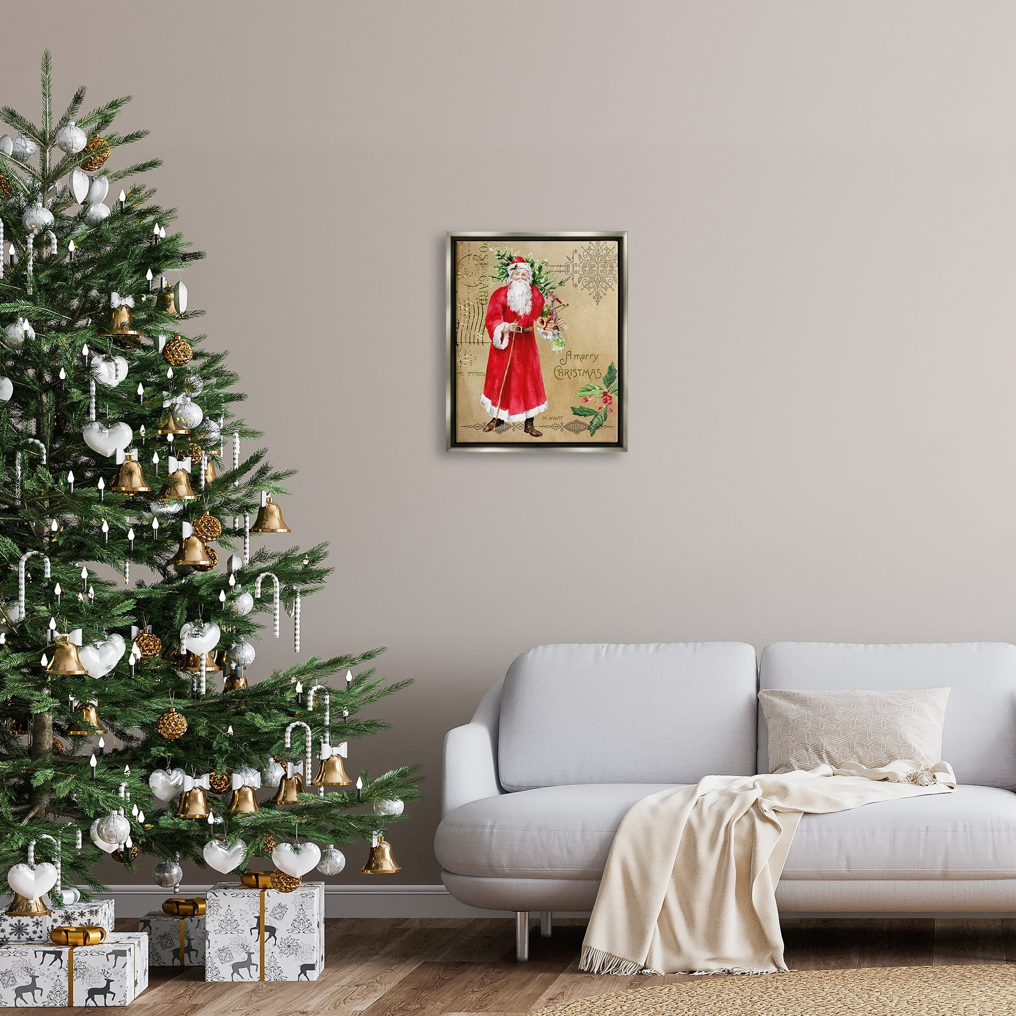 Stupell Industries Vintage Santa Claus Vintage Christmas Postal Design Luster Gray Framed Floating Canvas Wall Art, 16x20, by Melissa Hyatt LLC