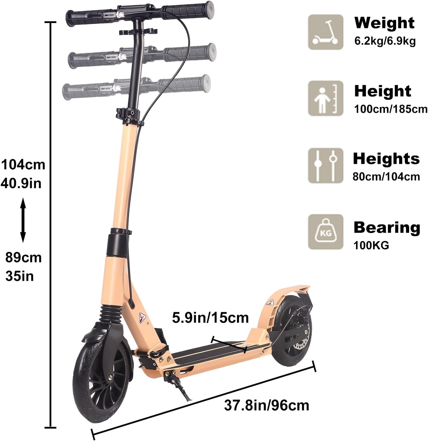 Kick Scooter for Ages 6+,Kid, Teens & Adults. Max Load 220 LBS. Foldable, Lightweight, 8Inch Big Wheels, 4 Adjustable Levels, Disc Brake