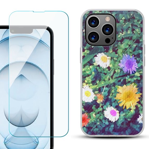 Slim-Fit Gel TPU Phone Case for iPhone 13 Pro Max, with Tempered Glass Screen Protector, by OneToughShield ® - Daisy Paint