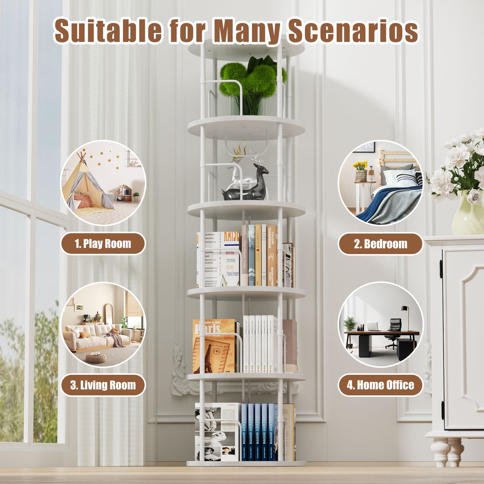 Flycity 5 Tier Rotate Bookcases, 360° Display Corner Shelf Spin Bookcases with Special Visible Partition Storage, White