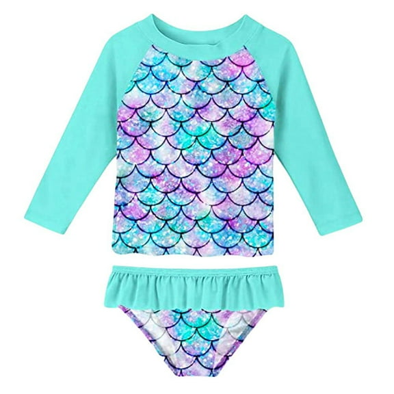 Toddler and Baby Girls Long Sleeve Swimsuit Tankini Mermaid Bathing Suit Ruffled Bikini Bottoms Sun Protection for 3-10Years old Rash Guard Swimwear