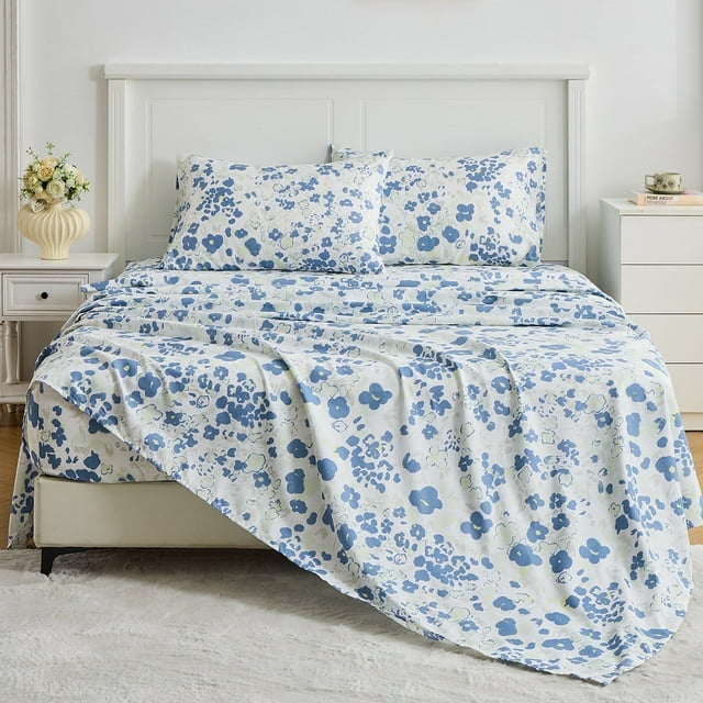 HITIME Juego de Sábanas Tamaño Matrimonial 4 Piezas Incluye 1 Sábana Plana, 1 Ajustable & 2 Funda de Almohada, Suave Microfibra de Poliéster, Diseño Estampado Moderno Fresco y Transpirable