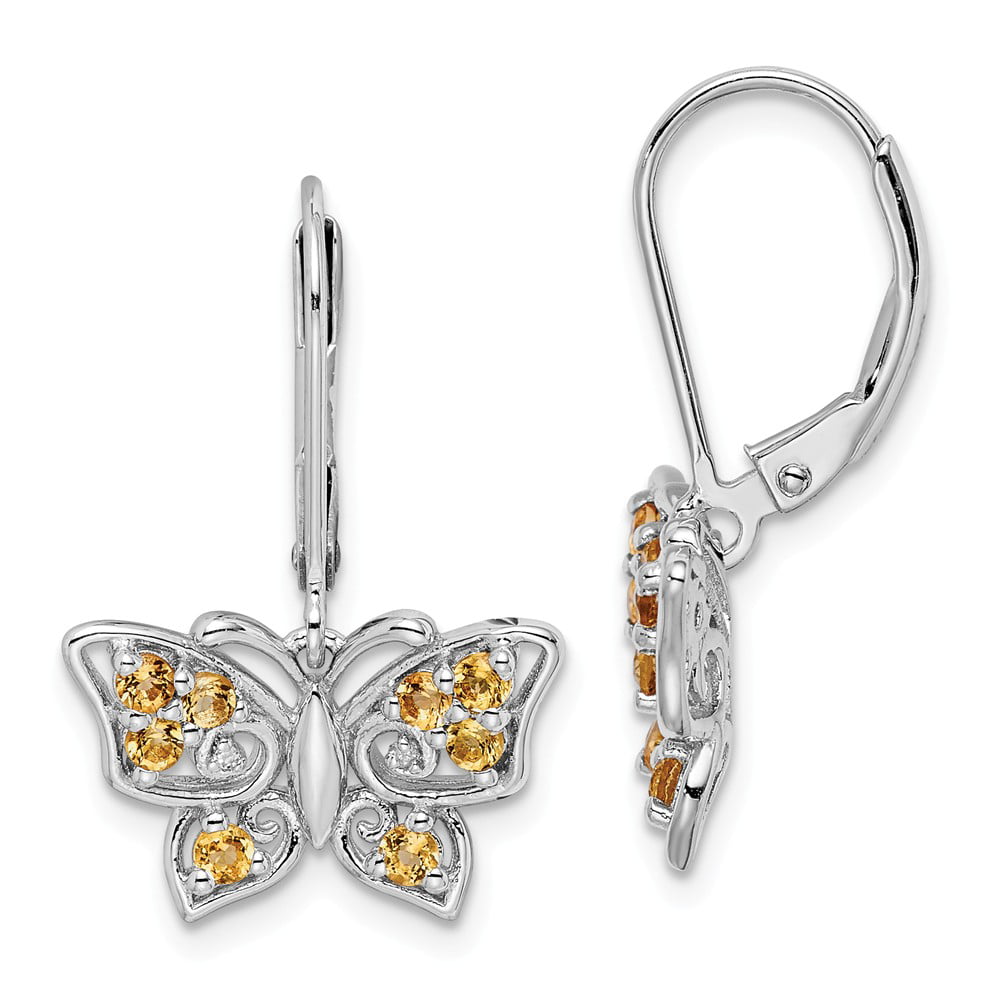 FB Jewels Solid 925 Sterling Silver Rhodium-Plated Diamond and Whiskey Quartz Hinged Earrings
