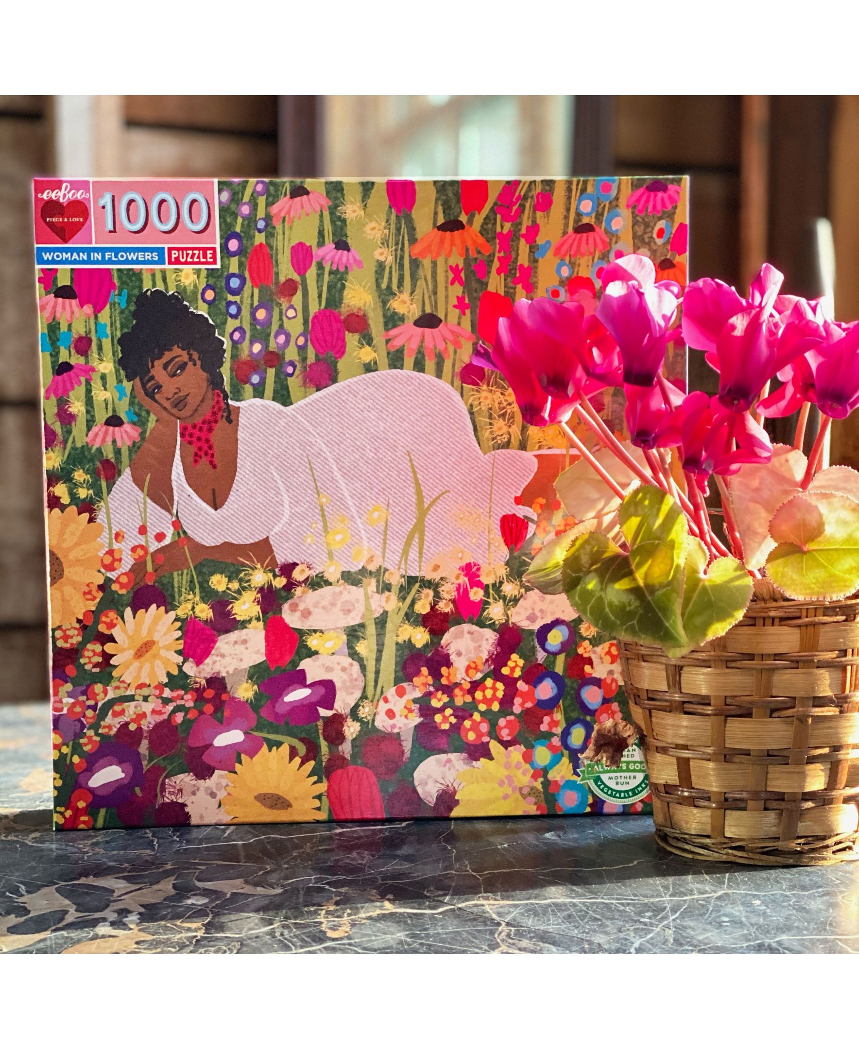 eeBoo Piece and Love Woman in Flowers 1000 Piece Square Jigsaw Puzzle, 23" x 23" square, Ages 14 and Up