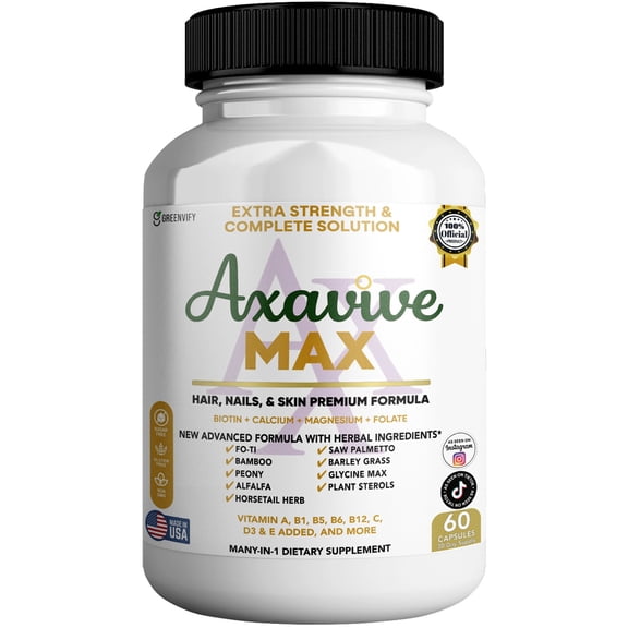 GreenVify Axavive Max Hair, Skin & Nails Support Supplement with Biotin, Horsetail & Bamboo, 60 Capsules