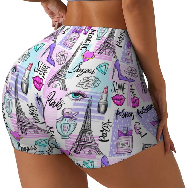 Balery Eiffel Tower and Hearts Pantalones cortos de entrenamiento estampados para mujer, sin costuras, ajustados, para gimnasio, yoga, correr, deportes, ejercicio activo, fitness.-XX-Large