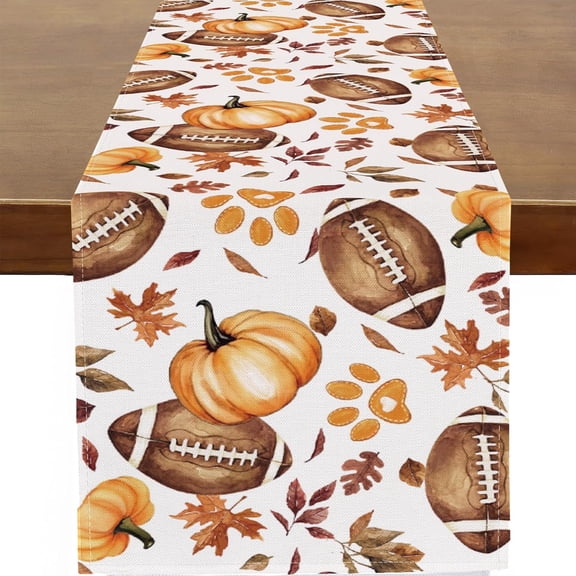 Fall Table Runner, Football Maple Pumpkin Runner for Table Autumn Holiday Home Kitchen Dinning Decor 13x90 Inch