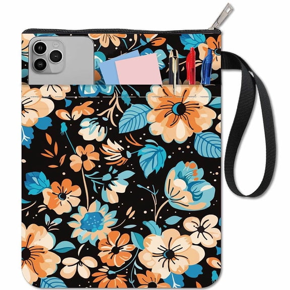 Floral Flower Book Sleeve Protector with Zipper Waterproof Canvas Pouch Covers