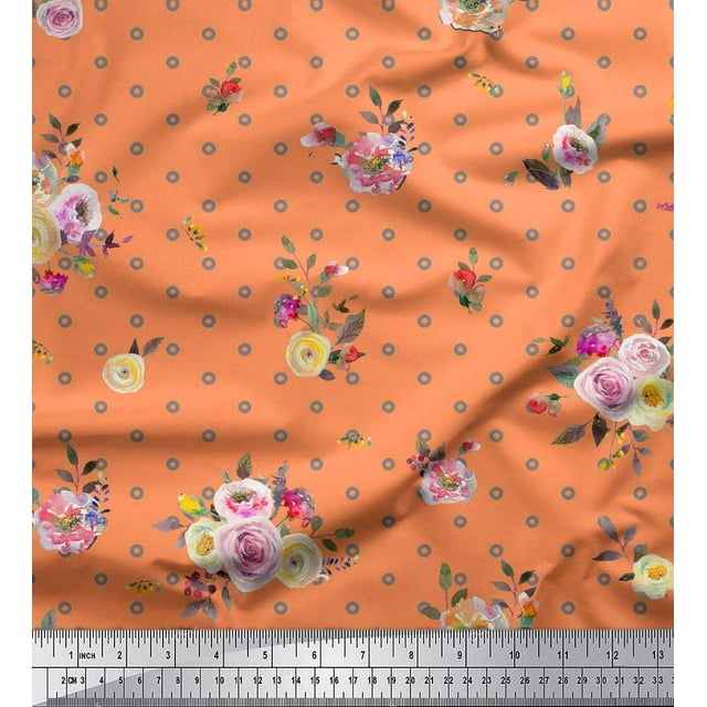 Soimoi Orange Rayon Fabric Leaves,Small Circle & Floral Printed Craft Fabric by The Yard 56 Inch Wide