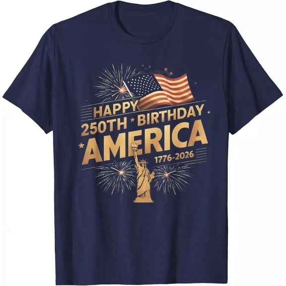 Retro Happy 250th Birthday America 1776-2026 Patriotic T-Shirt - Vintage USA Semiquincentennial Independence Day Graphic Tee for Men and Women - Statue of Liberty Fireworks Design