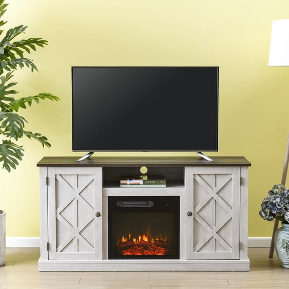 FESTIVO 54 in. Saw Cut-off White TV Stand for TVs up to 60 in. with Electric Fireplace