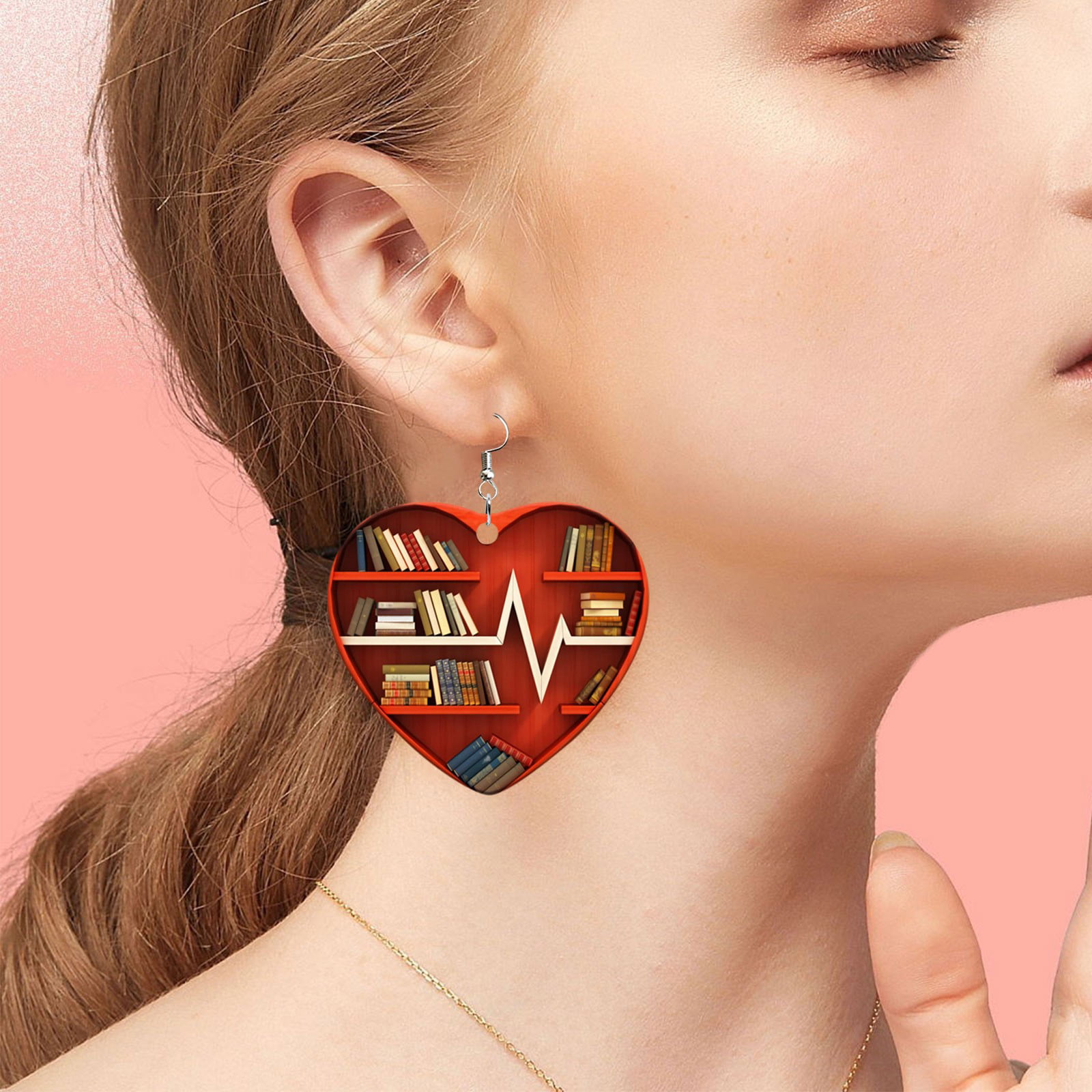 Jewelry Organizer Book Lover Heart Shaped Bookshelf Earrings Acrylic  Ornament Jewelry for Women 